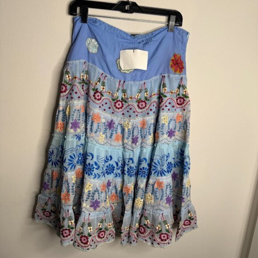 Juliet Dunn Women's Blue Colorful Floral Embroidered Tiered Skirt - Picture 1 of 5